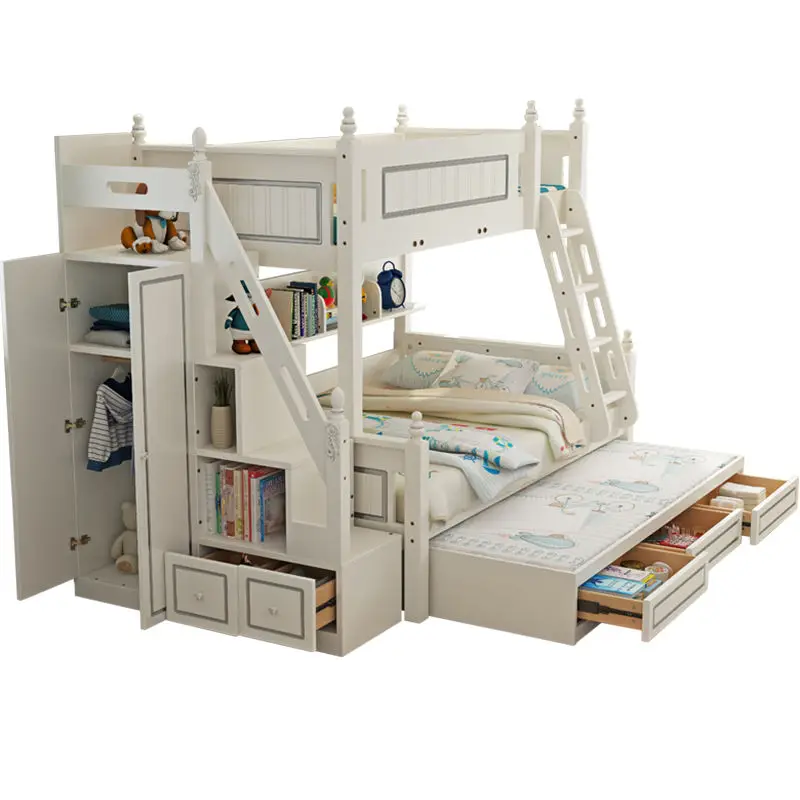 White Pine Solid Wood Convertible Multifunction Wooden Boys Bunk Bed Kids Bunk Bed With Slide and Drawer