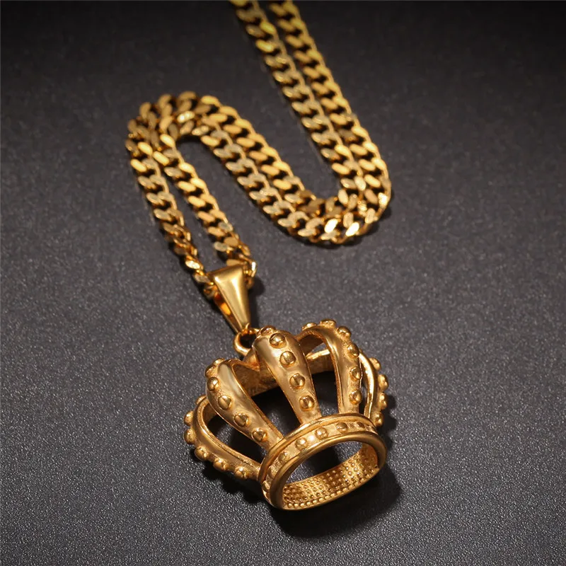 HipHop Stainless Steel Hollow Gold Plated Crown Pendant Necklace Chain for Men Women