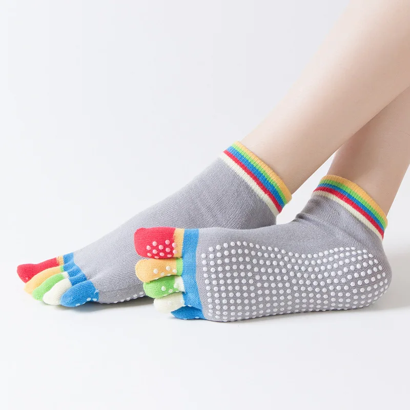 
Profession colorful print cotton socks five toe yoga socks with anti slip PVC grips 