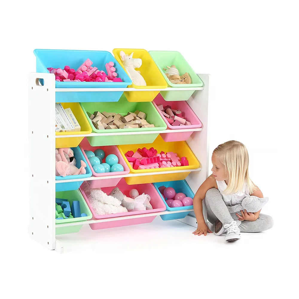 toy organizer with plastic bins for playroom White