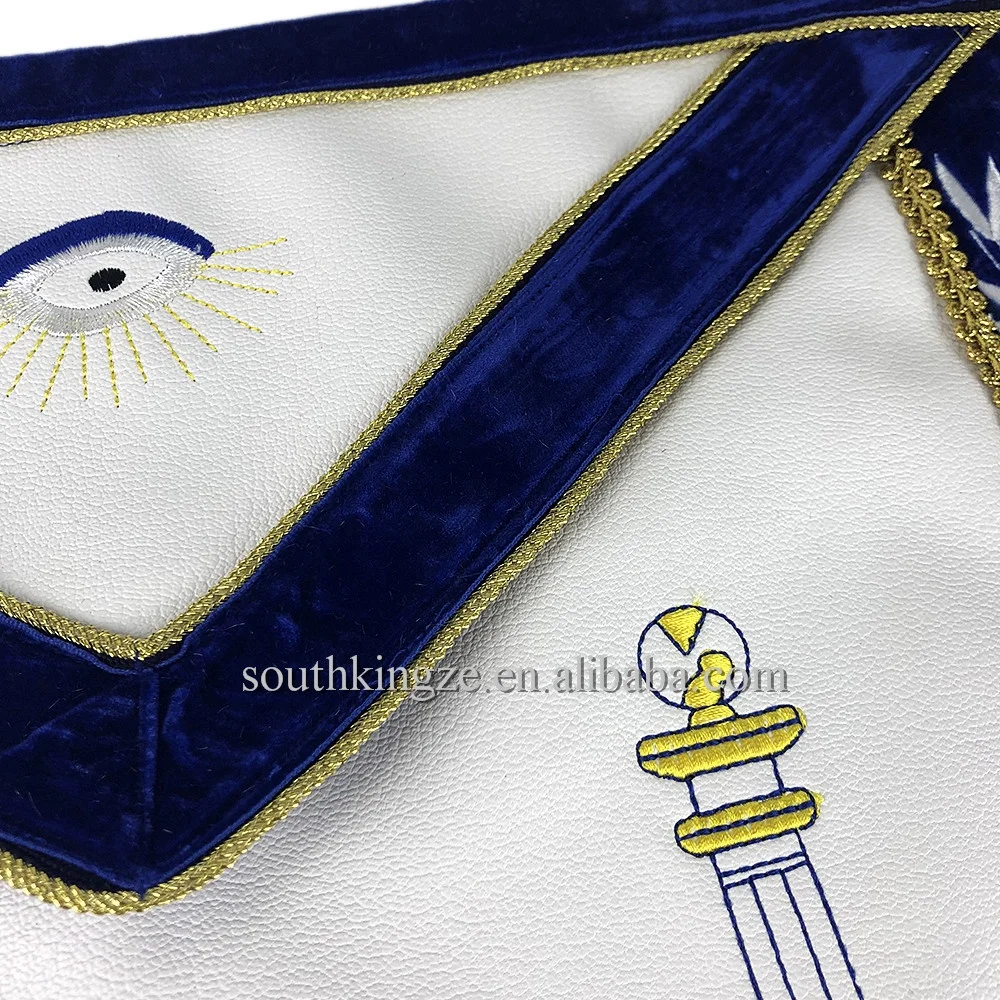 
In Stock Embroidered Freemason Regalia Masonic Past Master Leather Apron With Velvet And Golden Tassels 