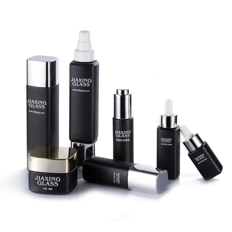 Luxury 15ml 30ml 40ml 100ml empty square spray pump black cosmetic face lotion cream glass bottle jar packaging set