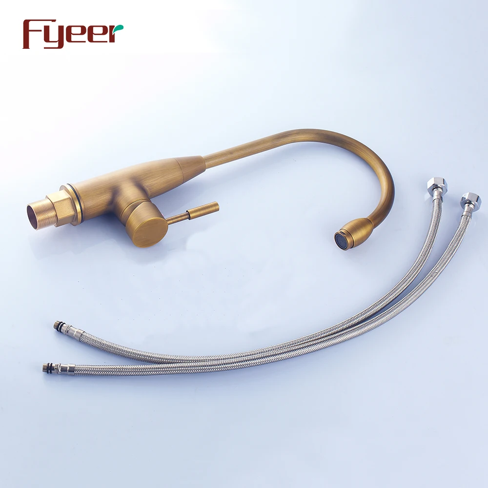 Fyeer Brass Body Ceramic Core Valve High Arc Antique Brass Kitchen Sink Faucet