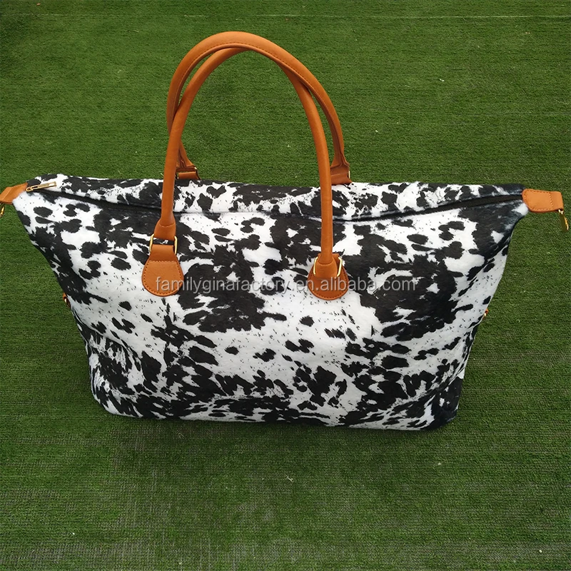 
Hot Sale Monogrammed Faux Fur Black Cowhide Cow Print Travel Weekender Bag 