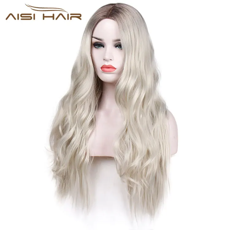 Aisi Hair Body Wave Long Wavy Hair Wigs Middle Part Dark Brown to Platinum Blonde Long Wigs Cosplay Wigs for Women