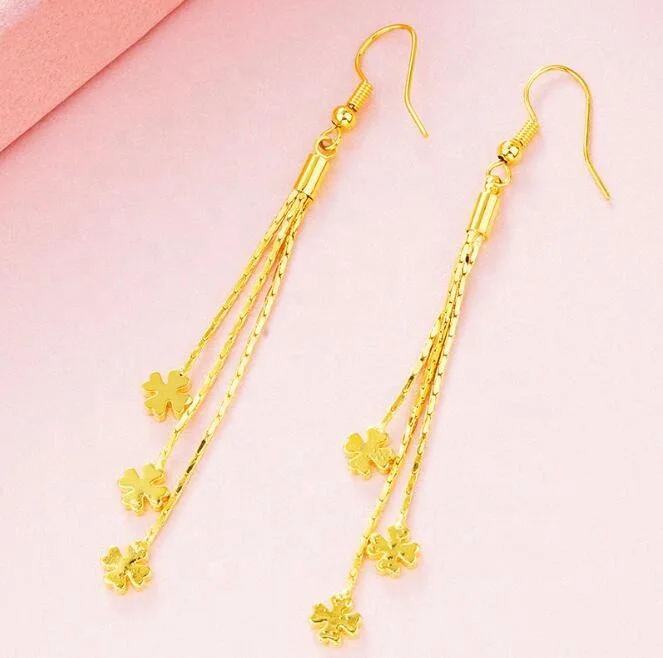 79 mm Long Fashion Clover Butterfly Charms Dangling Gold Tassel Jewelry Earrings