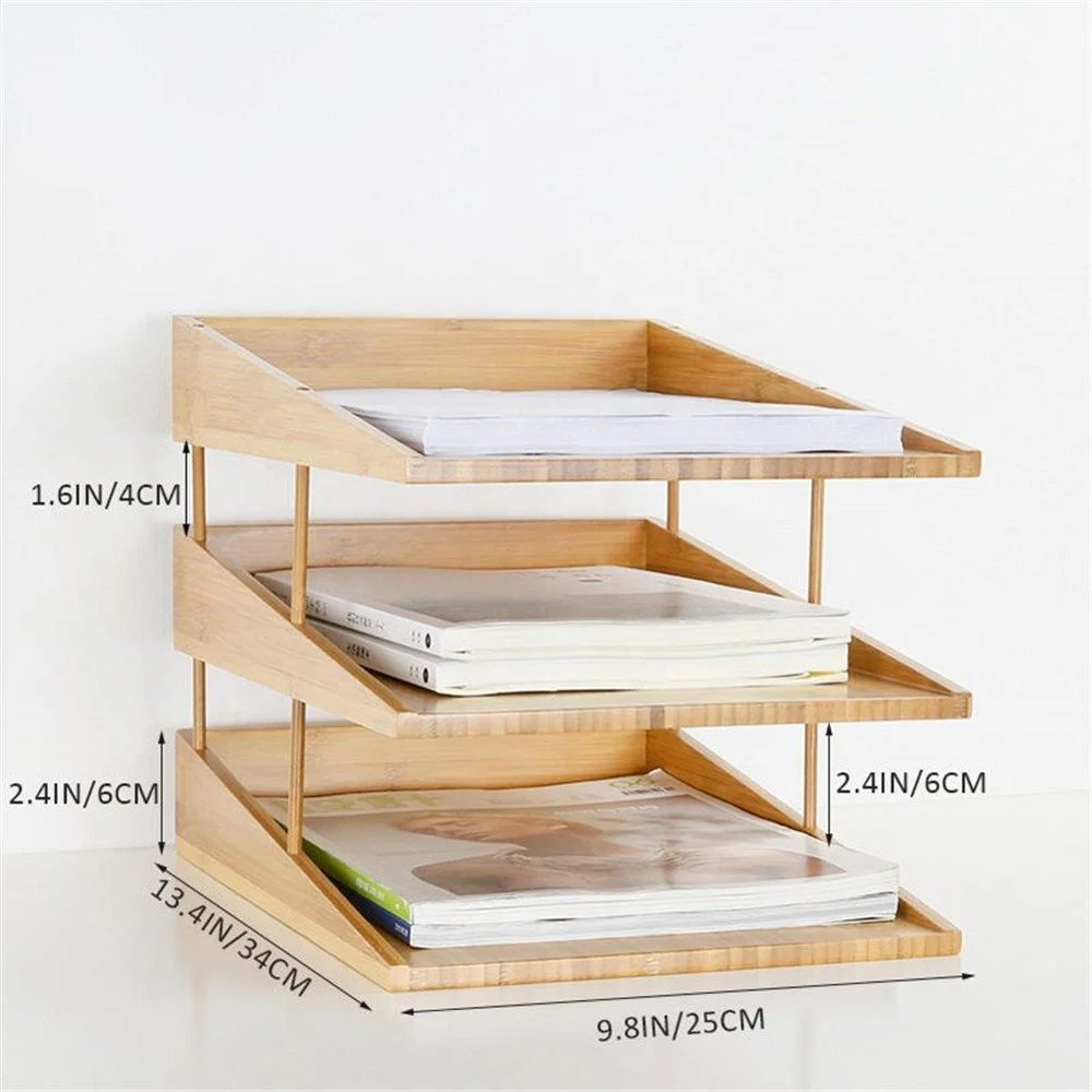 Desk Organizer Multifunction Bamboo Wood with 3 Trays for Book and File