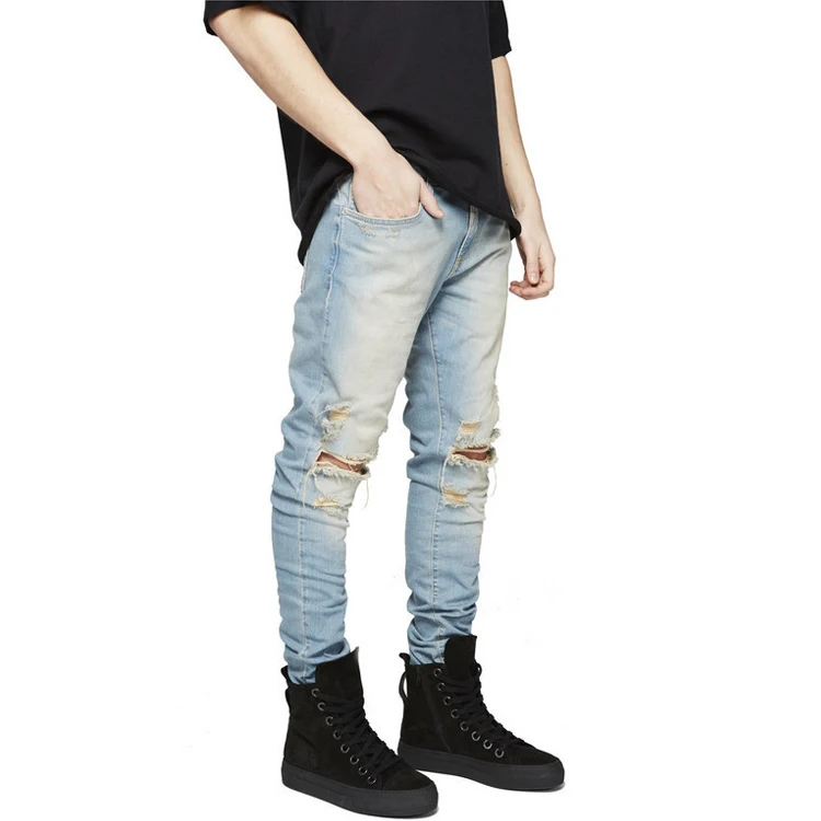 Мужские эластичные рваные облегающие байкерские джинсы, зауженные джинсовые штаны с резинкой, брюки-бермуды со складками, джинсы с вырезами на коленях