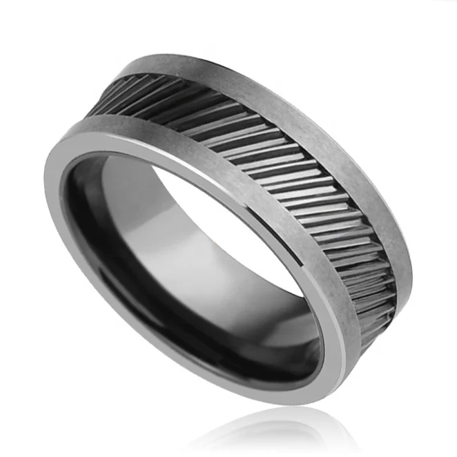 HELIX Rotating Gear Teeth Ceramic Mens Black Tungsten Carbide Ring