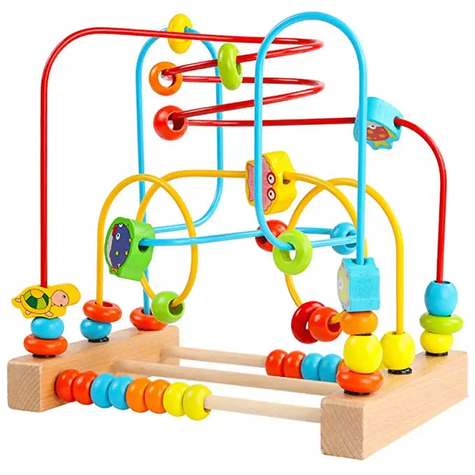 
Hot selling wooden insect cartoon pattern animal round wire colorful bead maze toys 