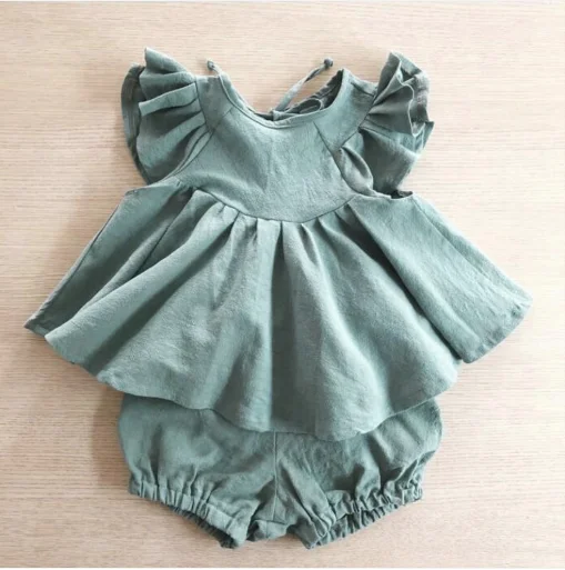 
Children Boutique Outfits 2-piece Baby Girl Linen Dress Top and Shorts Set Support OEM Wholesale In 2019 
