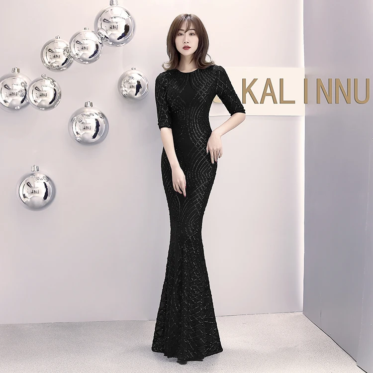 16001#European and American Classical Fashion Long Sleeve Pearl Fillet Fishtail Evening Dress Banquet Dress  bobtail; evening we