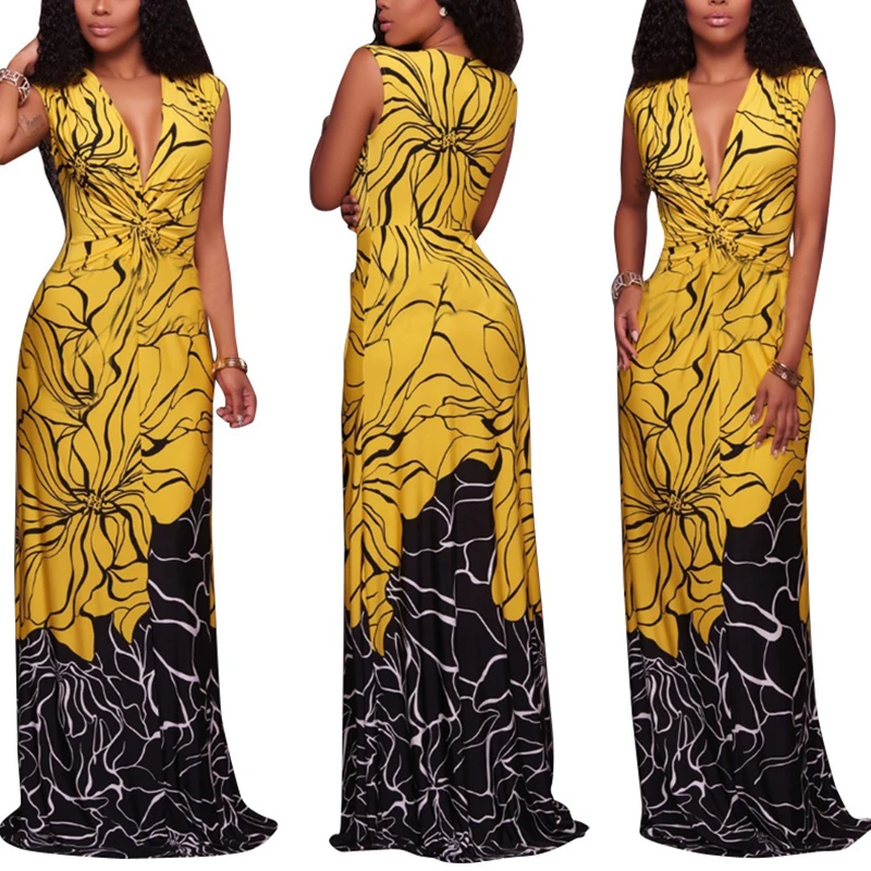 Summer woman sleeveless africa style printed long party dress