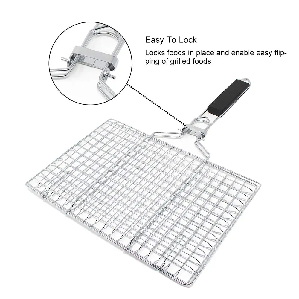Portable Stainless Steel BBQ Grilling Basket with Wood Handle