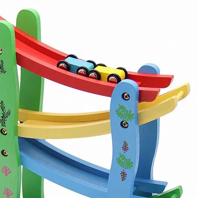 
Wholesale educational wooden small car toy ramp racer track slide car roller coaster slide four layers for kids toys 