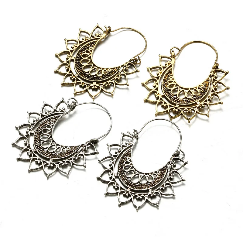 2019 New Arrival Gypsy Silver Gold Half Round Earrings Metal Hollow Flower Spidery  C Shape Drop Fashion Earrings Women