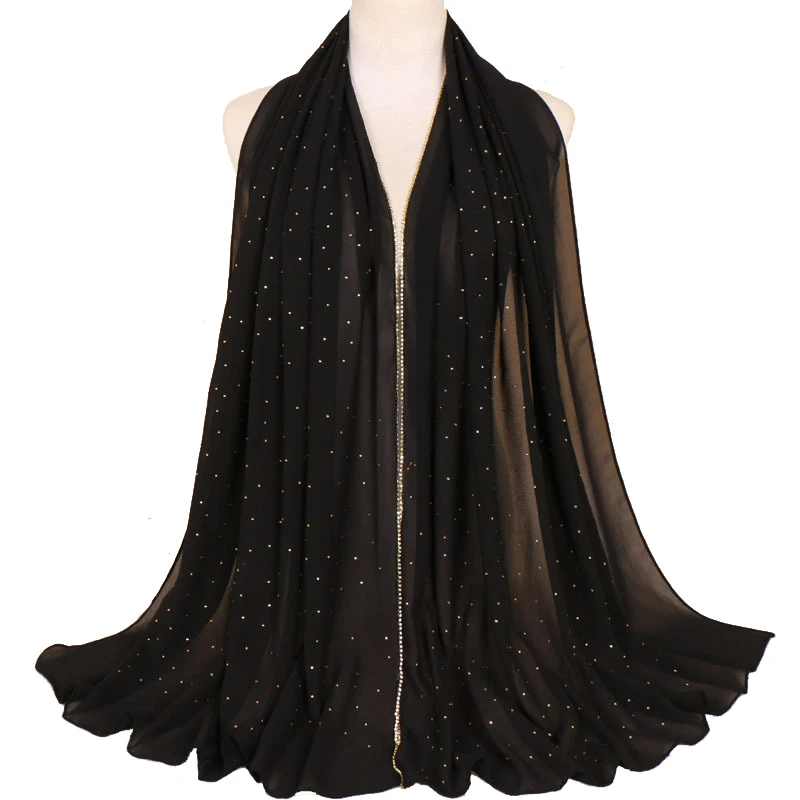 Wholesale Fashion Plain Ladies Scarves Shawls Instant Muslim Women Chain Rhinestone Hijab Chiffon Scarf