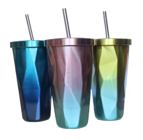 500 мл Творческий кофе кружка портативный 304 нержавеющая сталь градиент ромбовидной формы вакуум Термокружки С крышкой соломы