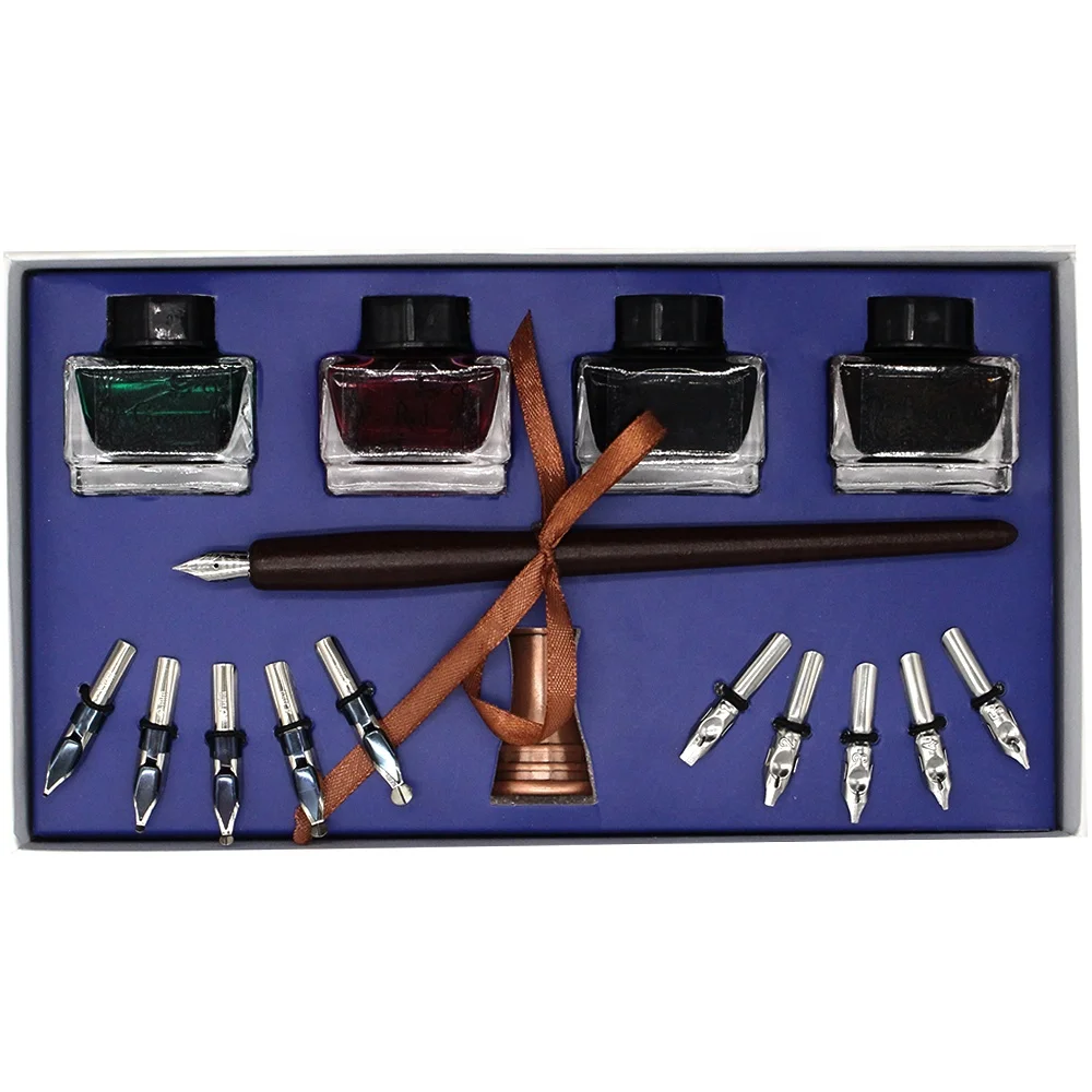 Wooden Dip Pen Calligraphy Pen Set Includes, Antique Holder, 11 Nibs, 4 Ink Bottle,