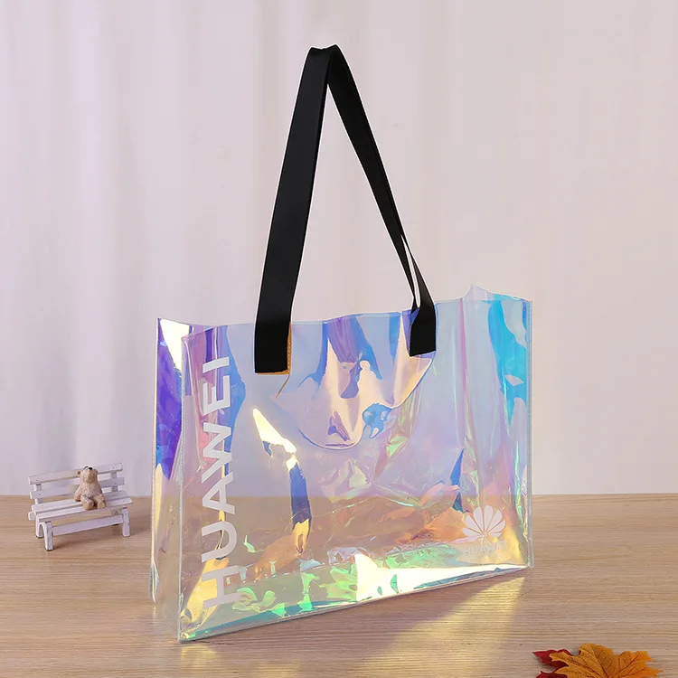 Custom Logo Promotional Rainbow Clear Plastic Women Beach Bags bolsa de compras Transparent Holographic PVC Tote Shopping Bag