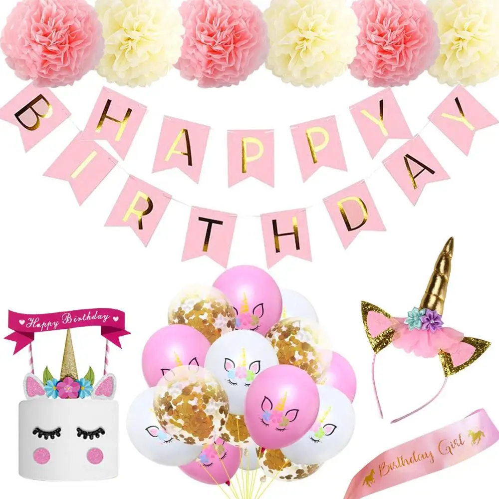 Pink Birthday Decorations Unicorn Party Supplies for Girls Banner Unicorn Cake Topper Unicorn Headband Sash Birthday Balloon