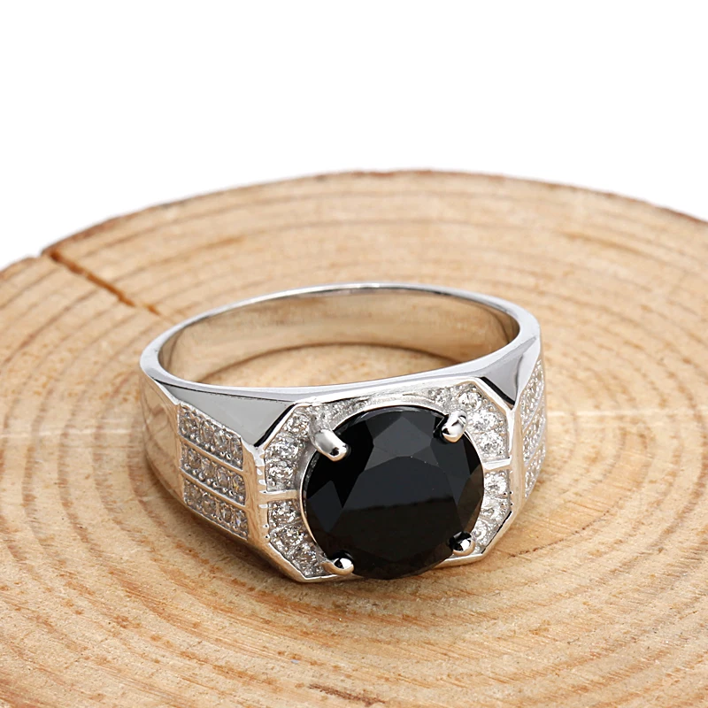 Wholesale Trendy 925 Sterling Silver Men Ring Black Stone with Small Cubic Zircon,Fashion Gemstone Rings For Men Women Jewelry