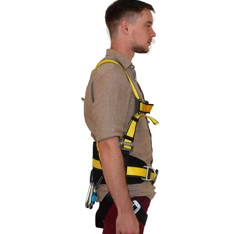Adjustable fall protection full body safety harness with double lanyard construction