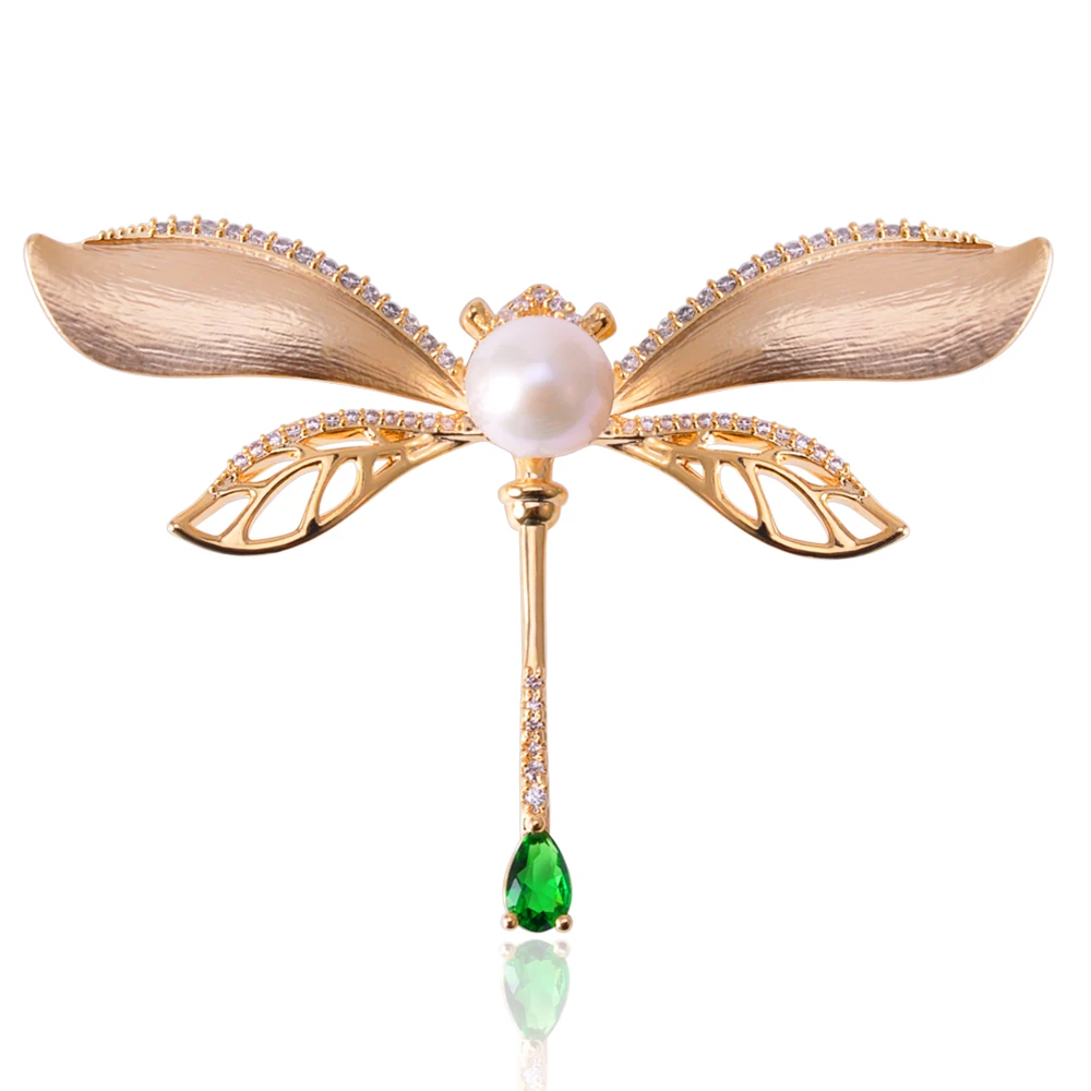 Удобный новый дизайн мода чистого золота покрытие стрекоза жемчуг циркон брошь булавки ювелирные изделия для дам