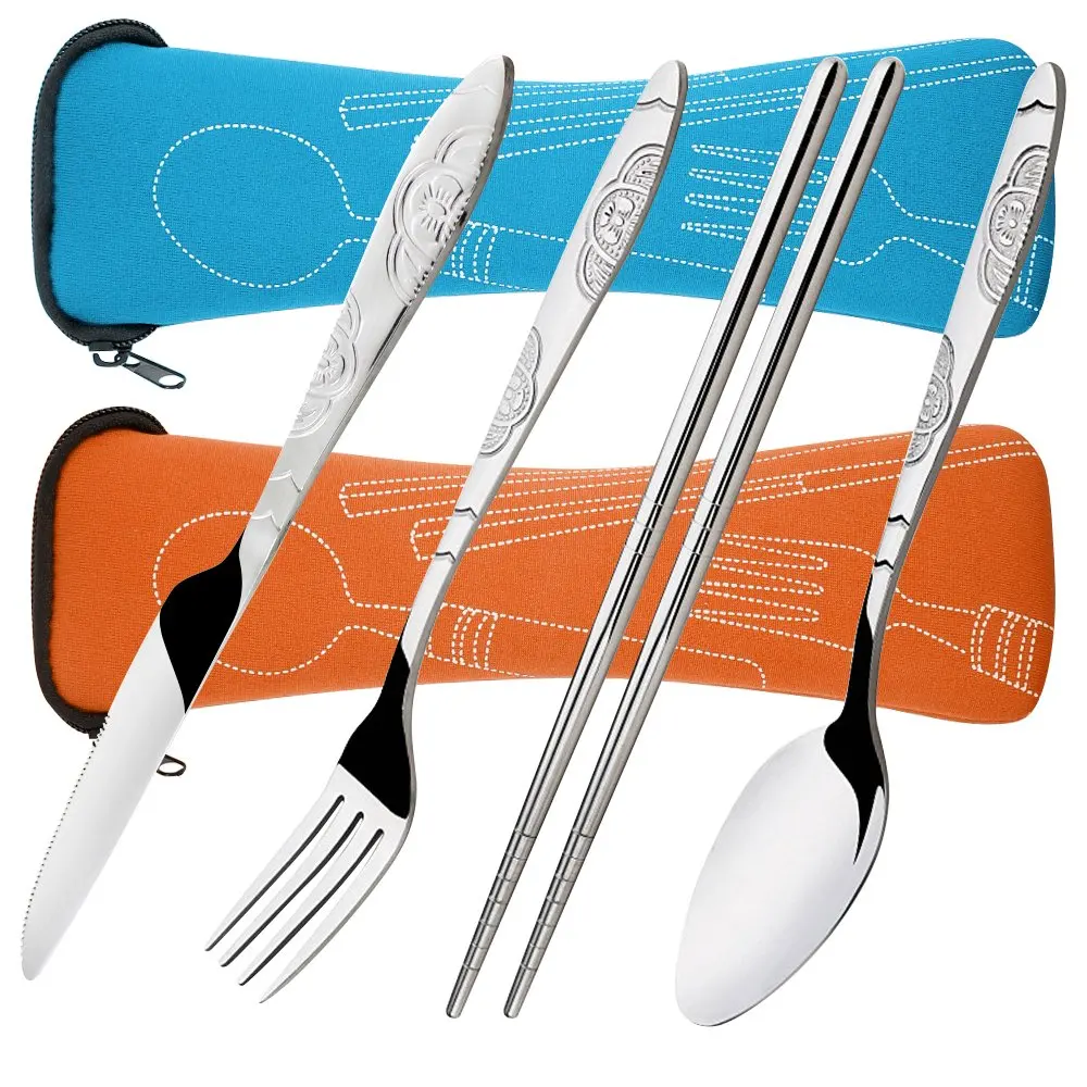 outdoor camping portable reusable cutlery set 4 pieces including knife fork spoon chopsticks flatware set