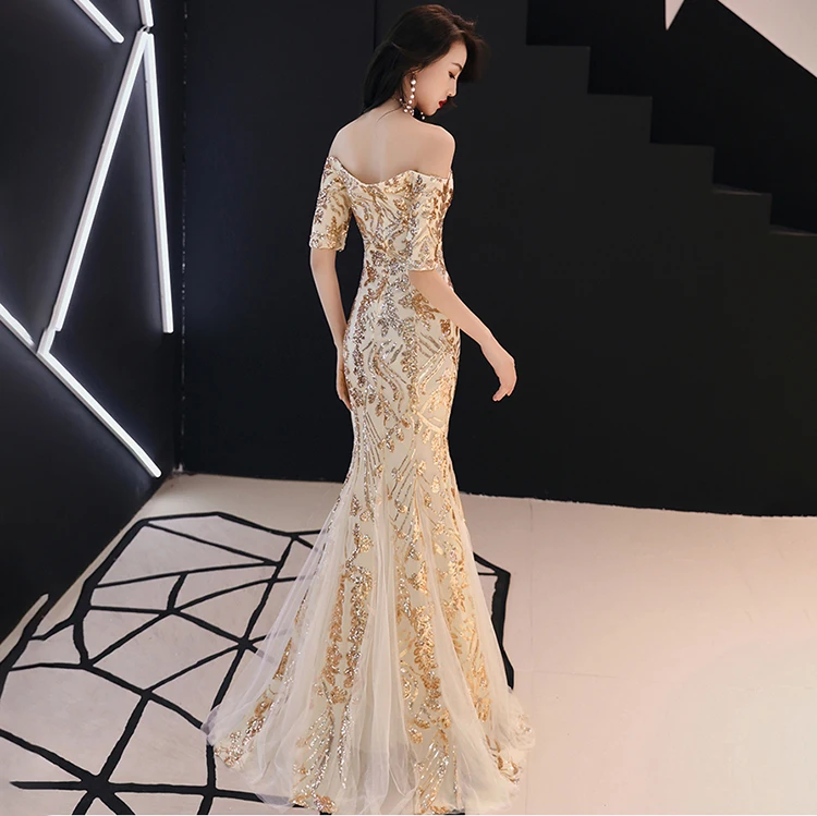 16036#2019 New Sequined Mermaid Evening Dresses Long Sleeve Arabic Formal Prom Gowns ladies laces dress for beauty contest
