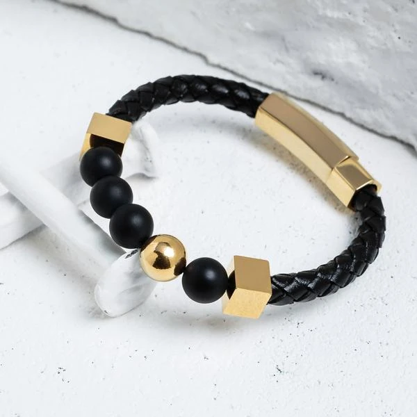 Black onyx lava stone with stainless steel clasp high quality mens leather Beaded bracelet bangle