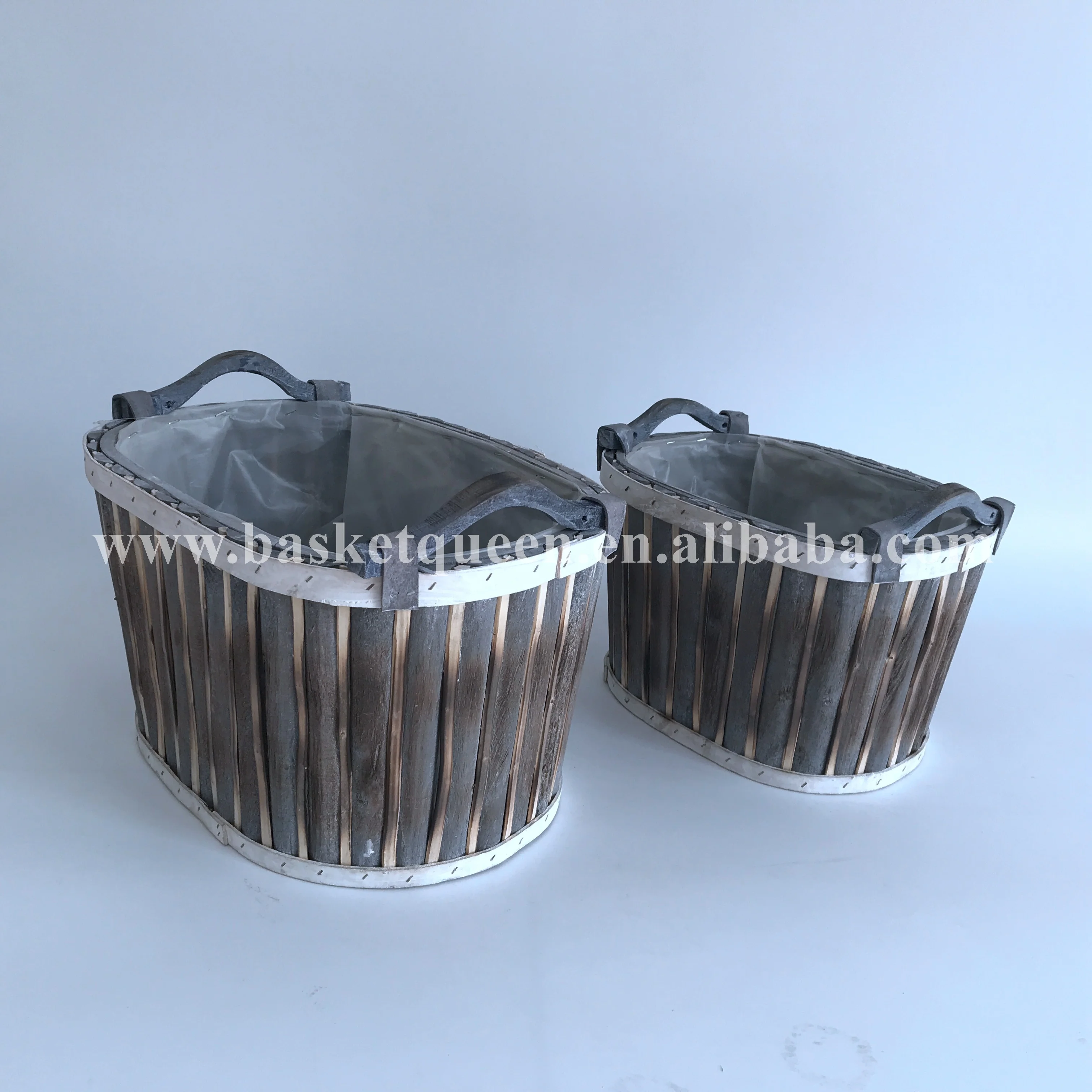 
Wholesale 100% handmade eco-friendly burn color woodchip basket with wood handle for garden panting 
