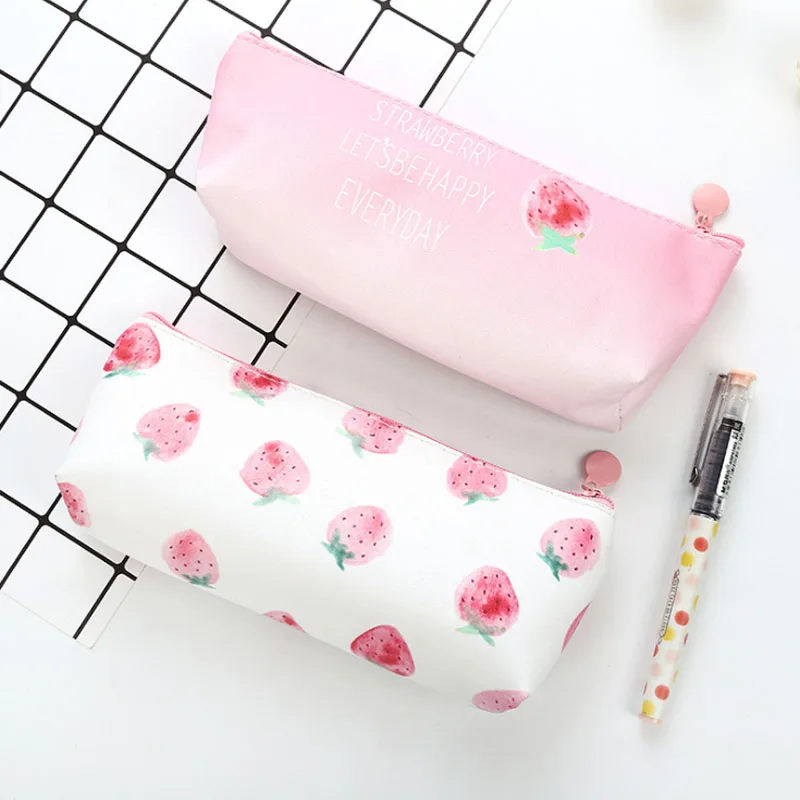 
Small Fresh And Creative Strawberry Leather Pencil Bag Lovely Student Girl Pencil Bag Large Capacity Students Storage Pen Bag 
