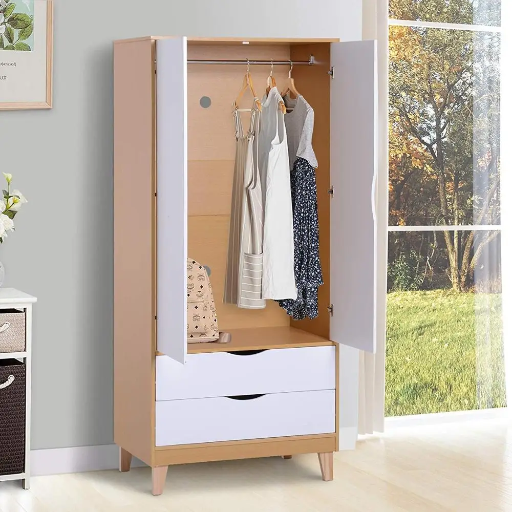 Wooden Wardrobe Clothes Storage Bedroom Organisationr Double Door with 2 Drawers