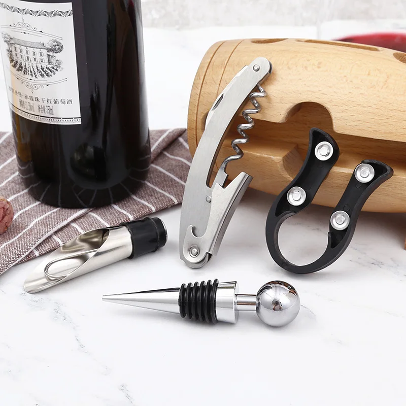 
Wine tool 4pcs set with a wood barrel holder 