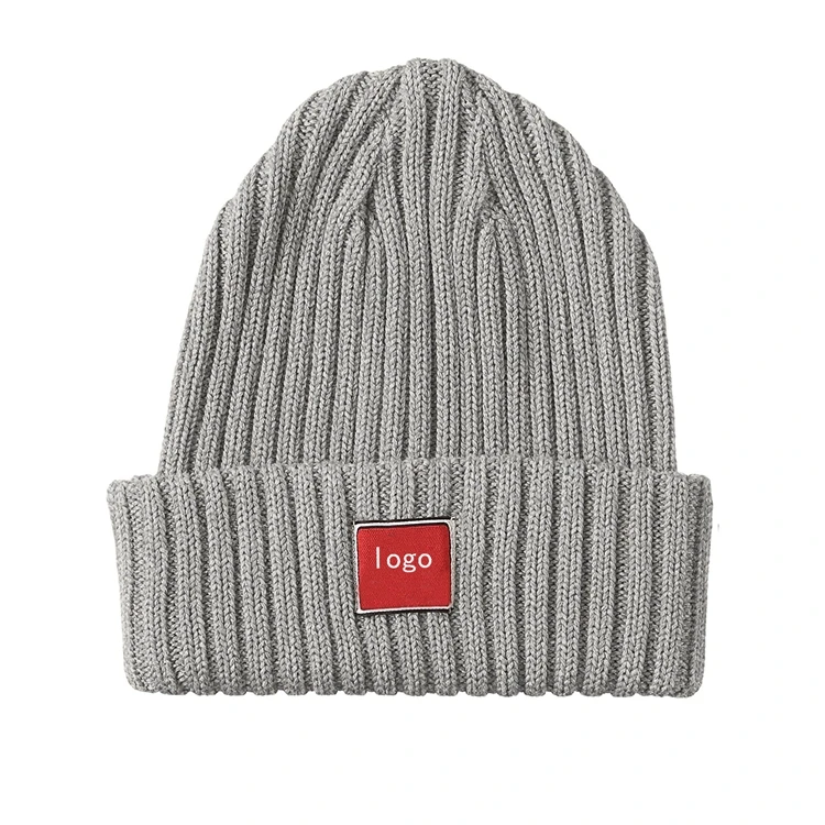 2022 Fashion leather label Solid Color Winter Knitted Wool Hats Custom Warm black beanies for Women And Men