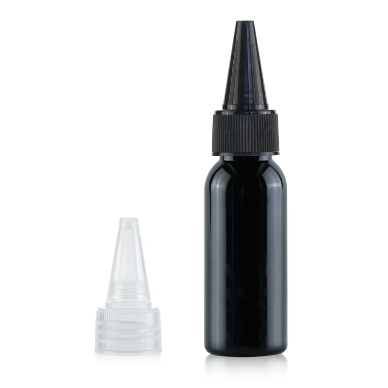 30ml plastic black PET round bottles with black natural twist top caps