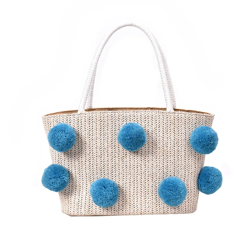 
Beach Shopping Cute Colourful wool Ball Medium handmade Straw handbag for Maiden Women 