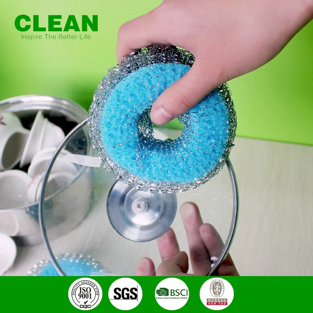 Doughnut Dish Washing Ball Dish Wash Sponge with Stainless Steel Wire Kitchen Tableware Plates Pans Cleaner Small Mesh Scourer