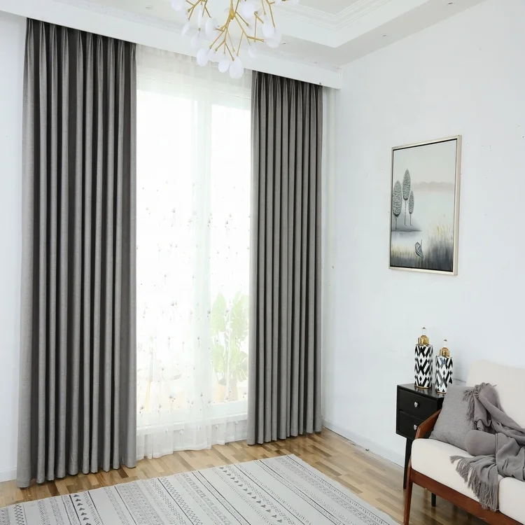 Light grey solid woven design modern sun shade curtain living room curtains