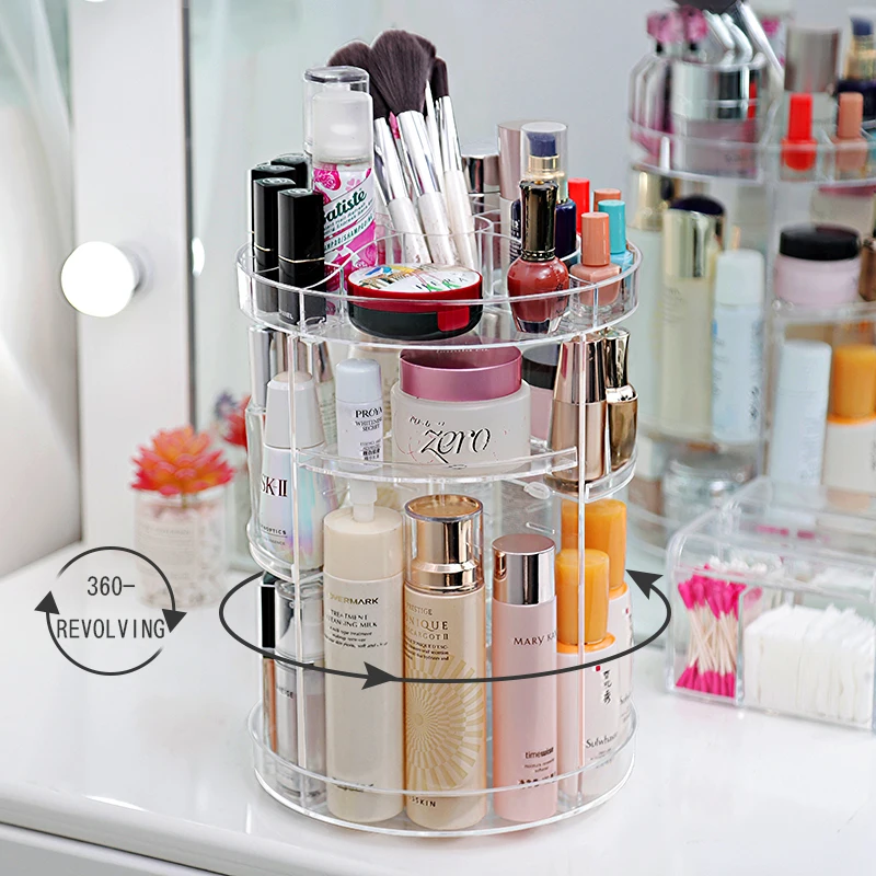 
Factory 360 Rotating high-quality Round 3 tier Clear Transparent Acrylic Cosmetic Storage Box Makeup Organizer 