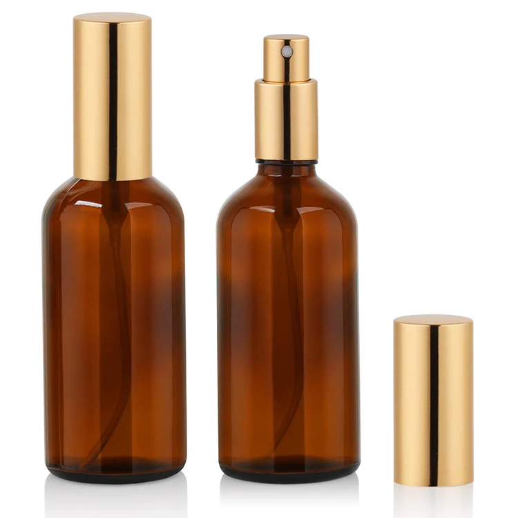 Золотой пустой флакон-распылитель из янтарного стекла 100 мл с мелким распылителем