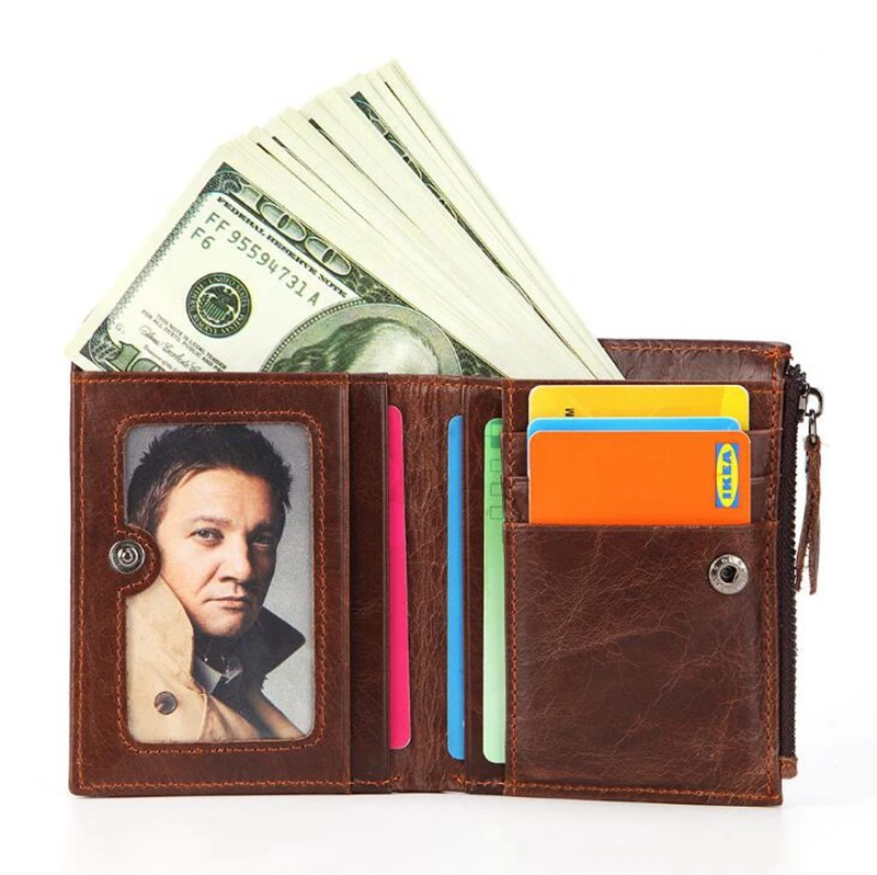 
Dreamtop DTE502 front zipper pocket brown leather wallet customized OEM vintage style short money wallet 