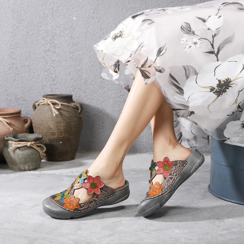 
Fashion floral flower pattern genuine leather comfortable flat casual shoes slipper sandal for woman lady girl spring autumn 