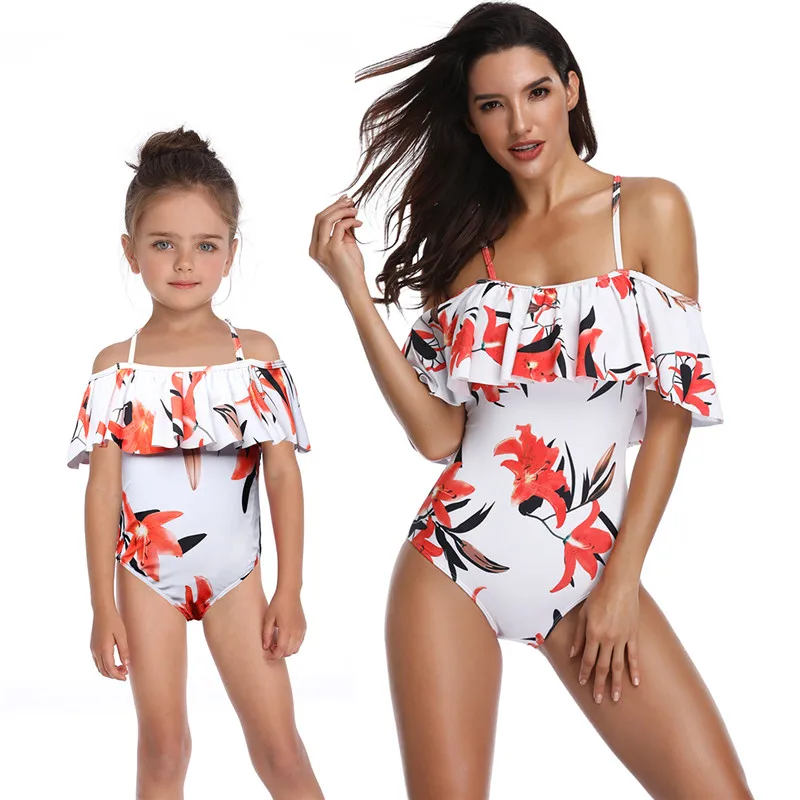 Mommy and me swimwear lovely baby girl kids children one piece rabbit bikini swimsuit long sleeve for