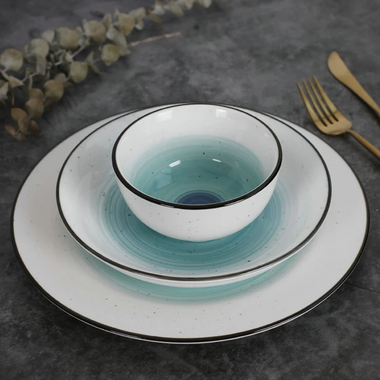 Speckled dinnerware cheap green sprial printed inside bowl stoneware dinner set for hotel
