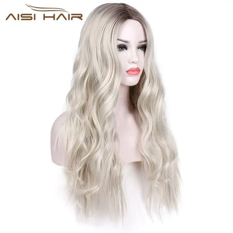 Aisi Hair Body Wave Long Wavy Hair Wigs Middle Part Dark Brown to Platinum Blonde Long Wigs Cosplay Wigs for Women