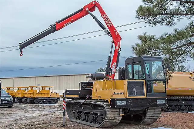 MST-1500VD full rubber crawler carrier with crane and wood grapple