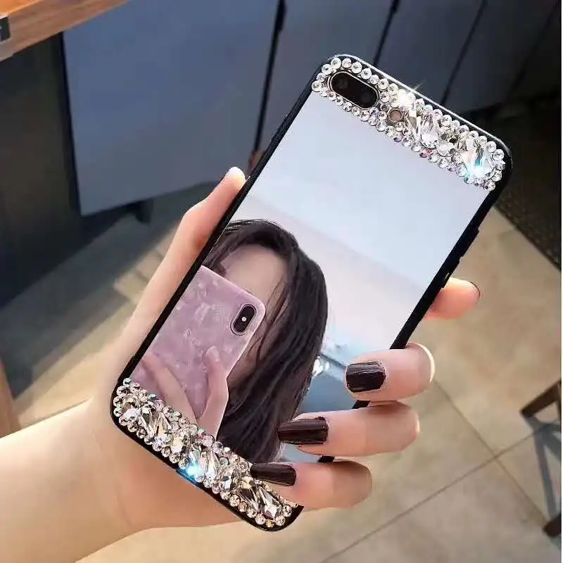 
Mirror Case for Women Girls Make up, Glitter Diamond Ultra-Thin Mirror TPU Back Protect Case For Iphone 8 Case 