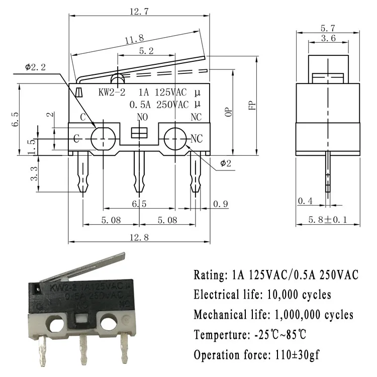 KW2 series mini micro switch 1A 250V 3pins spdt micro switch for smart equipment